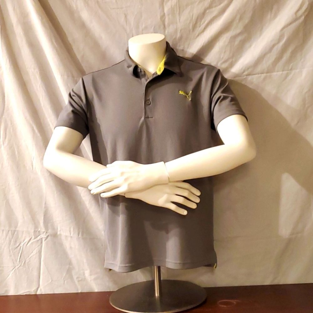 Puma Sport Lifestyle Grey Polo Shirt Men's Large 100% Polyester Golf Neon Trim